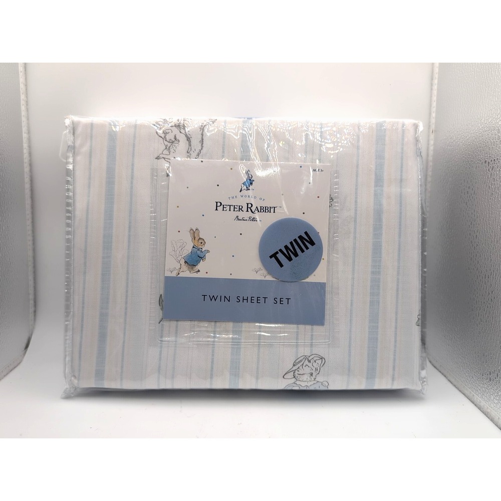 Beatrix Potter Peter Rabbit White Blue Stripe 3pc Twin Size Sheet Set Spring